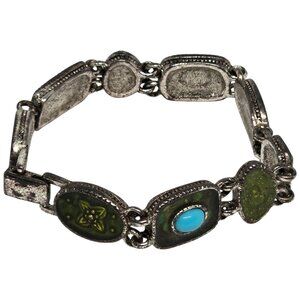 Vintage Green & Blue Stone Bracelet W/ Silver-Tone Metal Links 7 Inches Boho Sty